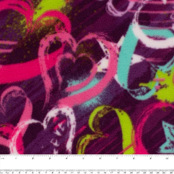 Anti-Pill Fleece Print - SLIPPY - Hearts and stars - Purple / Pink