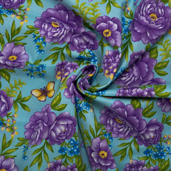 Coton imprimé floral - ANISA - Pivoines / Papillons - Bleu bébé