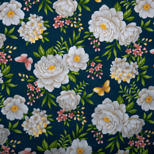 Floral Printed Cotton - ANISA - Peony / Butterfly - Navy