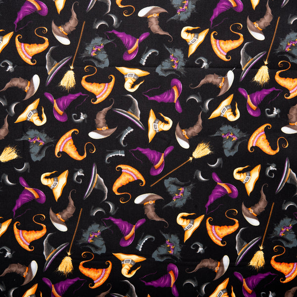 Printed cotton - SCAREDY CATS - Witch's hat - Black