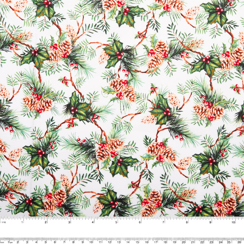 Printed Cotton - HOLIDAY GREETINGS - Pine cone - White