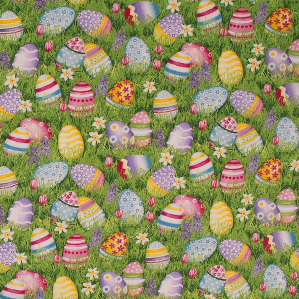 EASTER Printed Cotton - Eggs on grass - Green