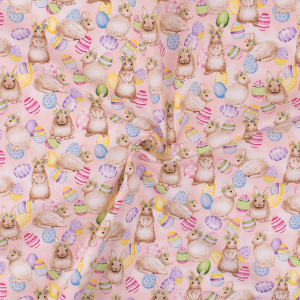 EASTER Printed Cotton - Bunnies and Eggs - Light Pink