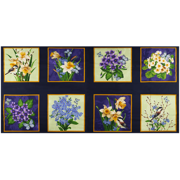 Printed Cotton Panel 23 x 45 in (60 x 115 cm) - NATURE'S AFFAIR - 005 - Navy