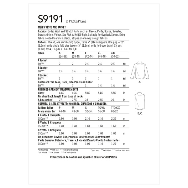 Simplicity S9191 Men's Vests & Jacket (S-M-L-XL-XXL)