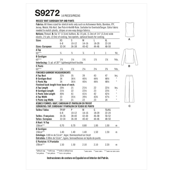 Simplicity S9272 Misses' Knit Cardigan Top & Pants (XS-S-M-L-XL)