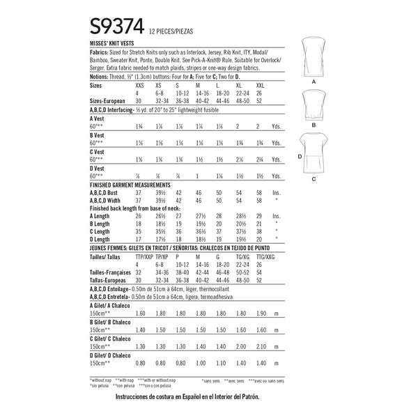 Simplicity S9374 Misses' Knit Vests (XXS-XS-S-M-L-XL-XXL)
