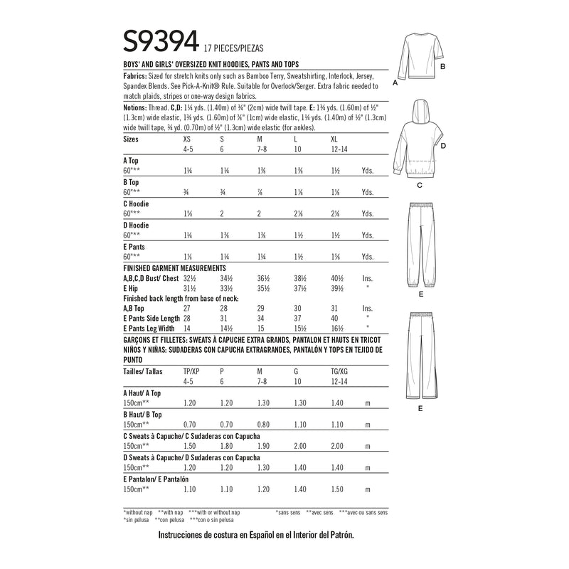Simplicity S9394 Hoodies, Pantalons et Hauts Tricotés Surdimensionnés pour Garçons et Filles (XS-S-M-L-XL)