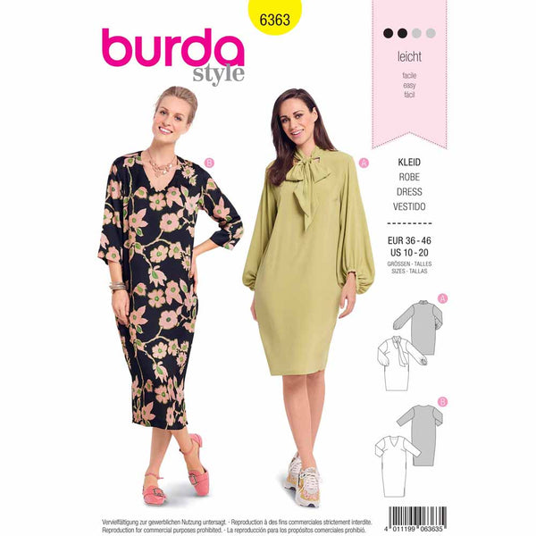 BURDA 6363 - Boule Dress with Tie Collar - Interesting Sleeve Variation