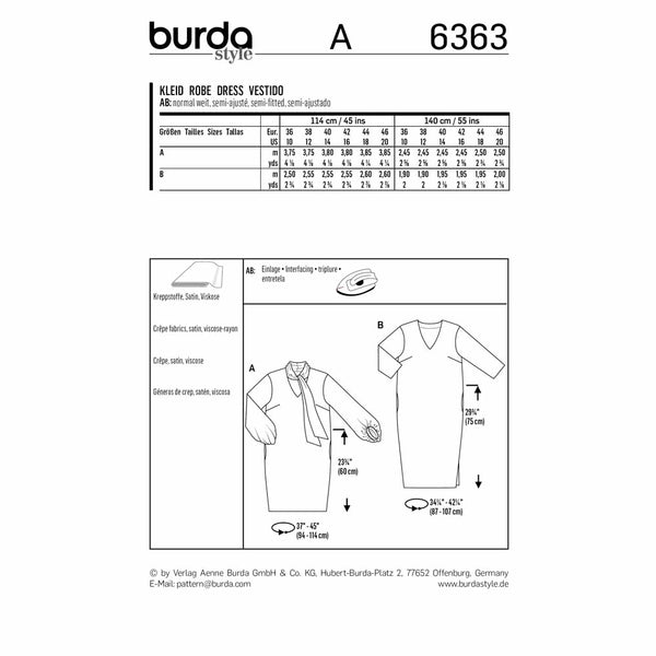 BURDA 6363 - Boule Dress with Tie Collar - Interesting Sleeve Variation