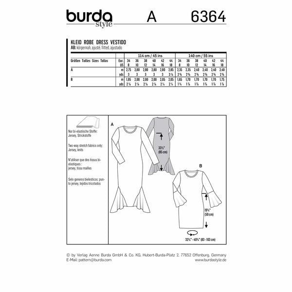 BURDA 6364 - Long Dress with Side Godets - Shirt Dress with Sleeve Flounces