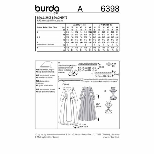 BURDA 6398 - Renaissance - Long, Festive Dress with a Full Skirt