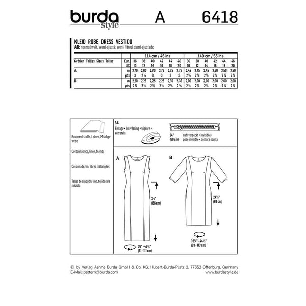 BURDA - 6418 Shift dress - Round Neckline - Panel Seams