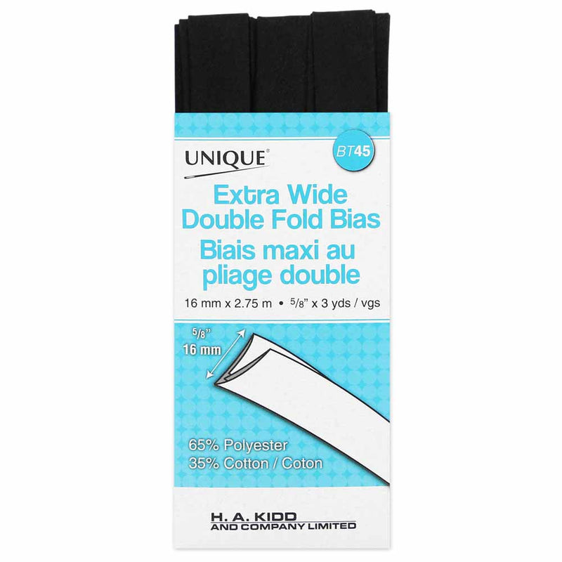 UNIQUE - Extra Wide Double Fold Bias Tape - 15mm x 2.75m - Black