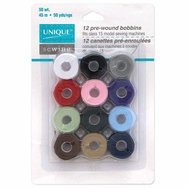 UNIQUE SEWING Pre-Wound Reusable Bobbins Assorted colours - 12pcs