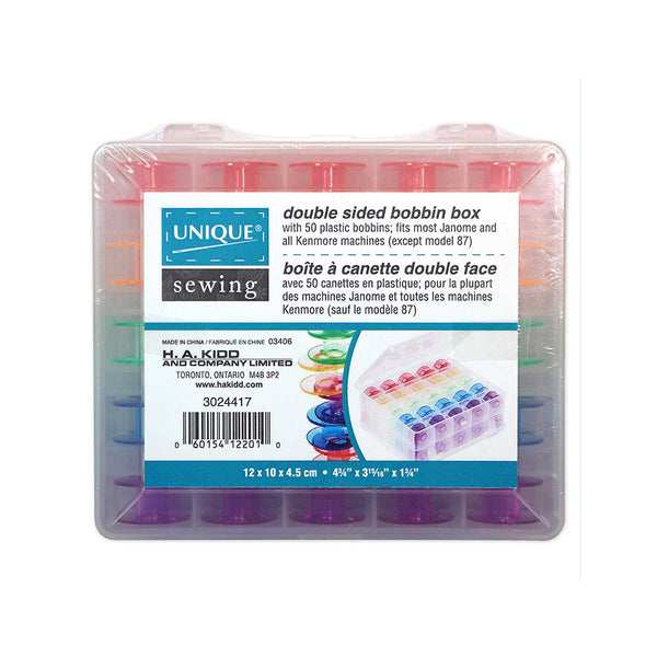 UNIQUE SEWING Double Sided 50pc Bobbin Box with 50 plastic bobbins included