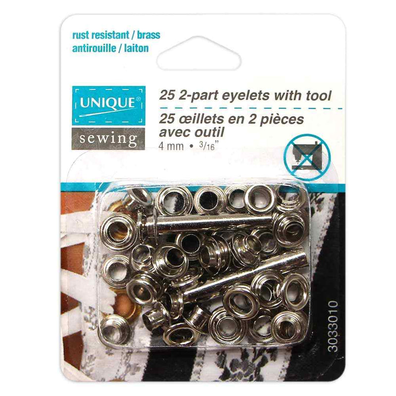 UNIQUE SEWING 2-Part Eyelets with Tool Silver - 4mm (⅛") - 25 pcs