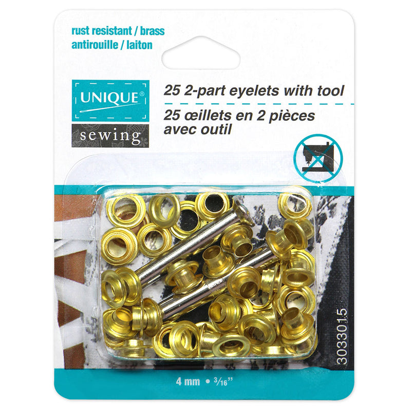 UNIQUE SEWING 2-Part Eyelets with Tool Gold  4mm (⅛") - 25 pcs