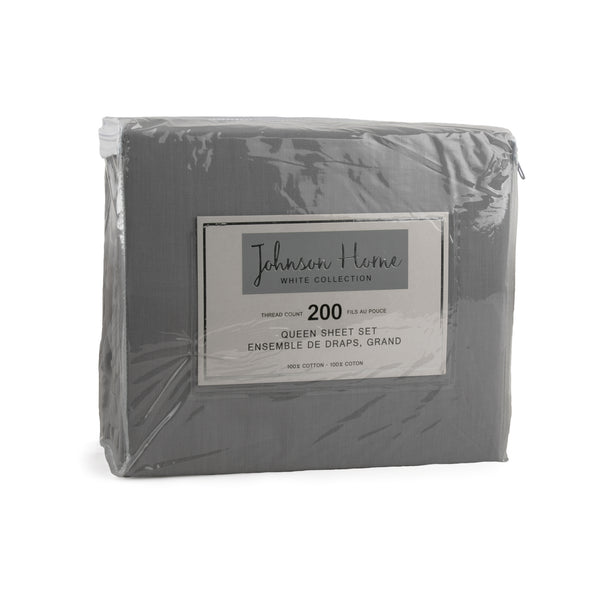 Johnson Home - 100% Cotton 200 Thread Count Sheet Set - Grey - Queen size