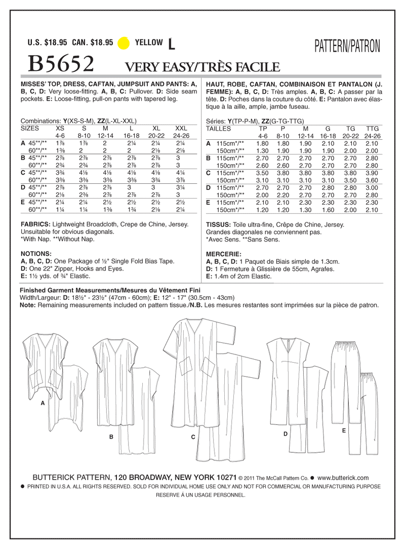B5652 Misses' Top, Dress, Caftan, Jumpsuit and Pants (Size: LRG-XLG-XXL)
