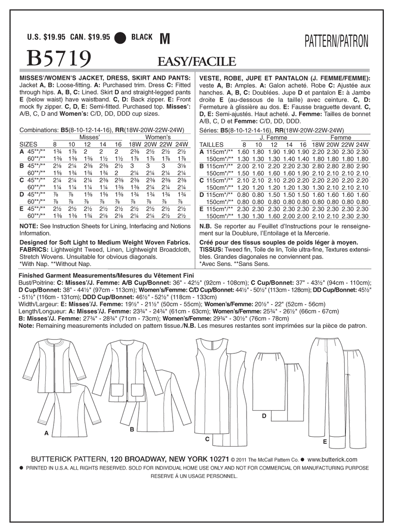 B5719 Misses'/Women's Jacket, Dress, Skirt and Pants (Size: 18W-20W-22W-24W)