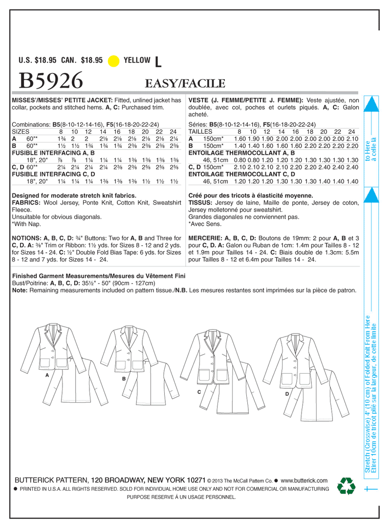 B5926 Misses'/Misses' Petite Jacket (size: 8-10-12-14-16)