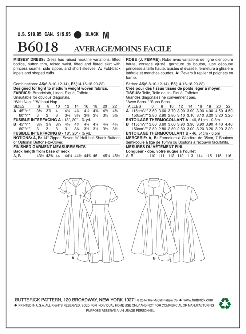 B6018 Misses' Dress (size: 6-8-10-12-14)