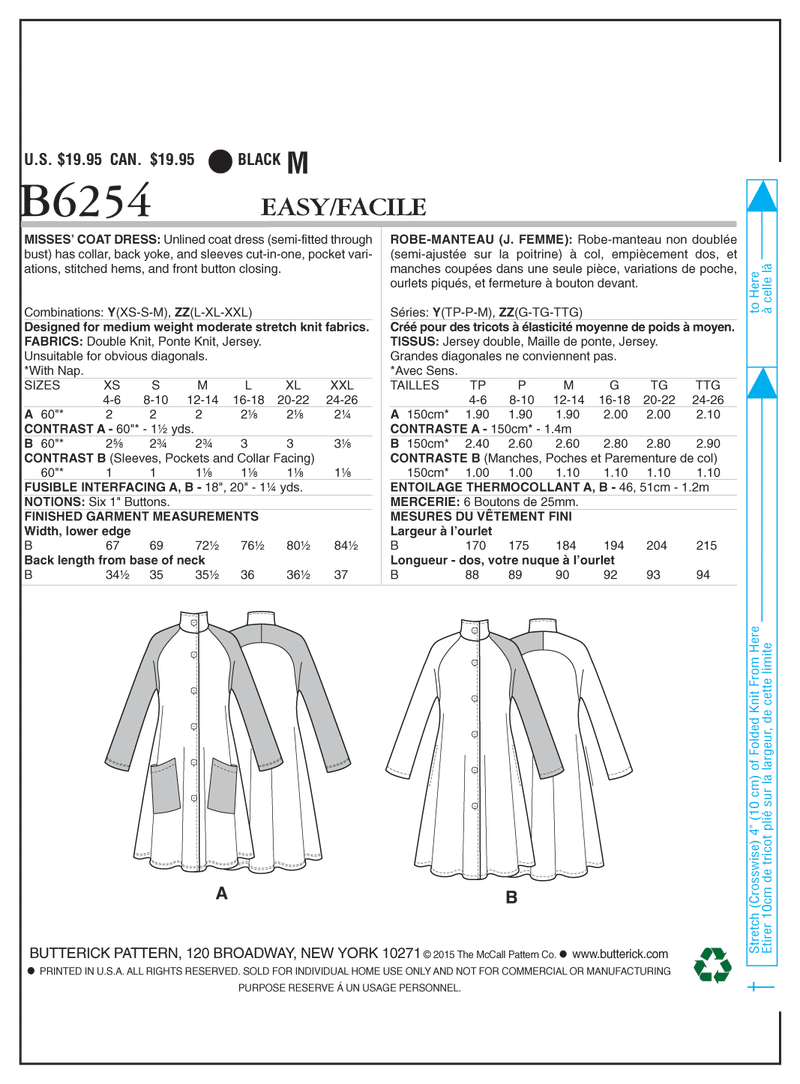 B6254 Misses' Coat Dress (Size: XSM-SML-MED)