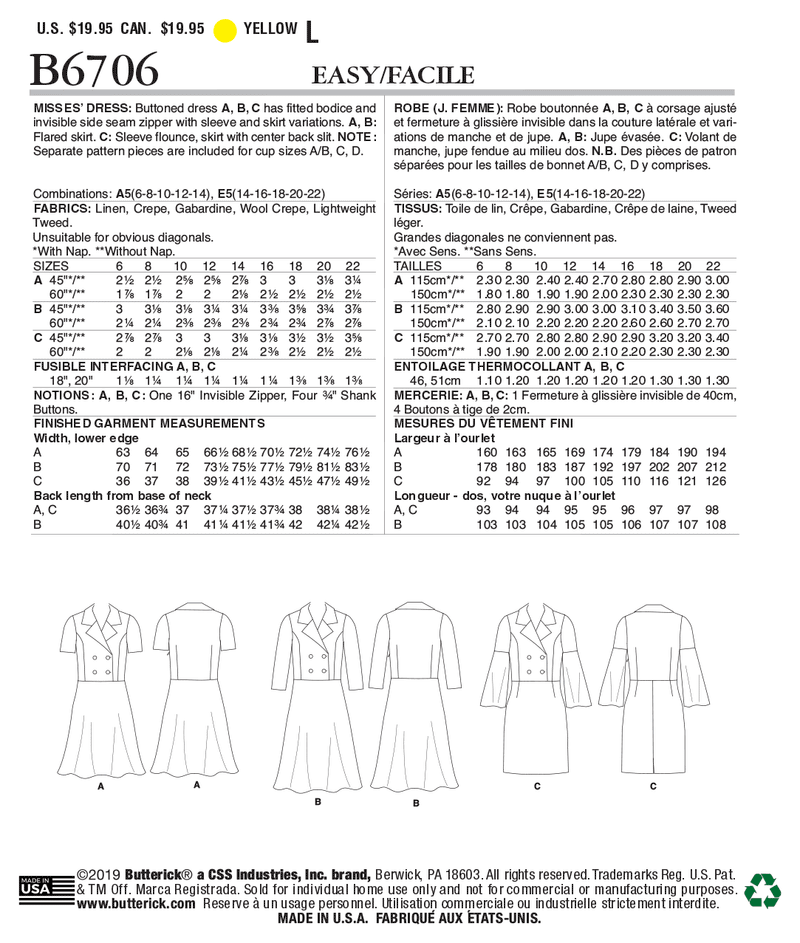 B6706 Misses' Dress (Size: 14-16-18-20-22)