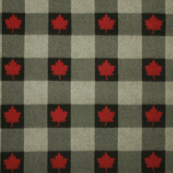 Canadiana Fleece Prints - Buffalo Plaid with Red Maple Leaf - Black / Oatmeal