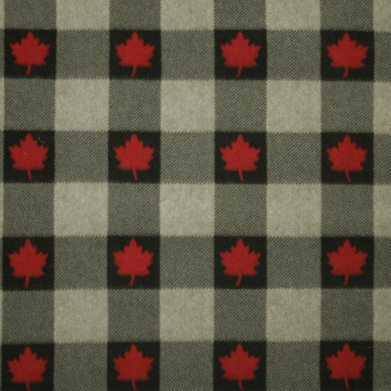 Canadiana Fleece Prints - Buffalo Plaid with Red Maple Leaf - Black / Oatmeal