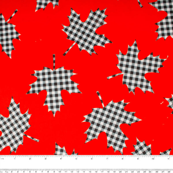 Printed Micro Chenille - DIGITAL - Maple leafs / Plaids - Red