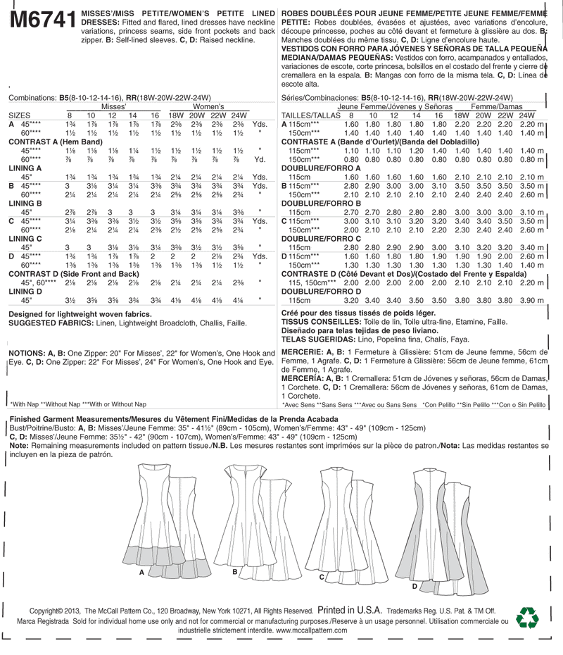 M6741 Robes Doublées - Jeune Femme/Petite J. Femme/Femme