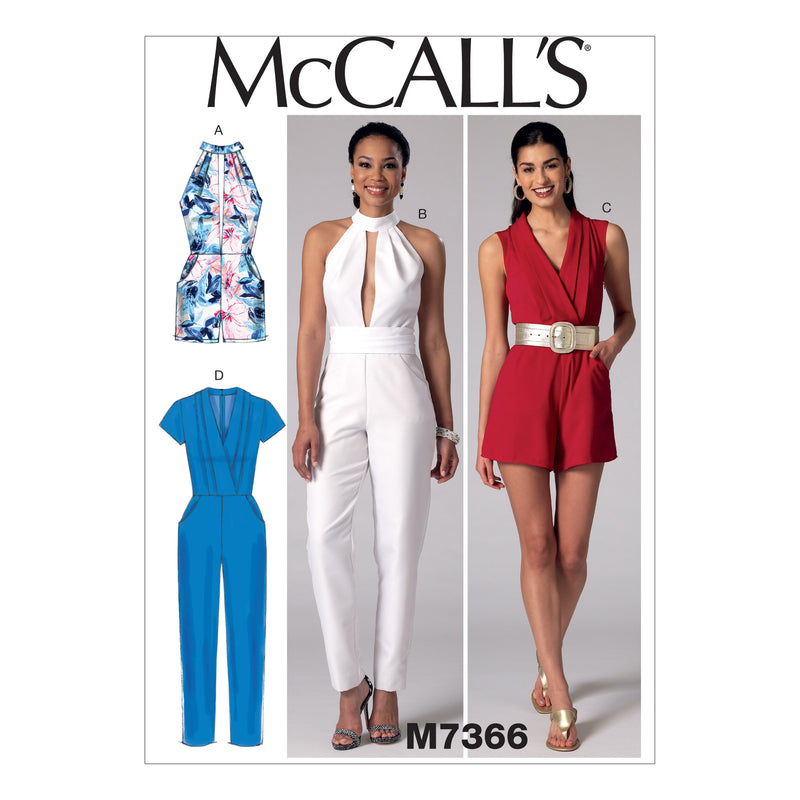 M7366 Misses' Pleated Surplice or Plunging-Neckline Rompers, Jumpsuits and Belt (size: 6-8-10-12-14)