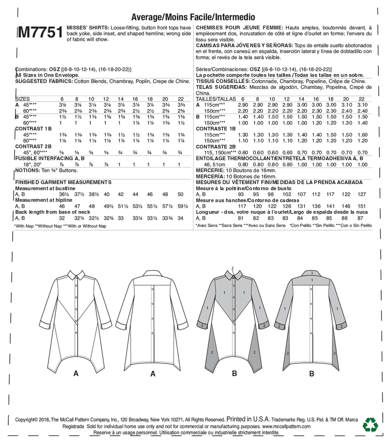 M7751 Misses' Shirts (size: 6-8-10-12-14-16-18-20-22)