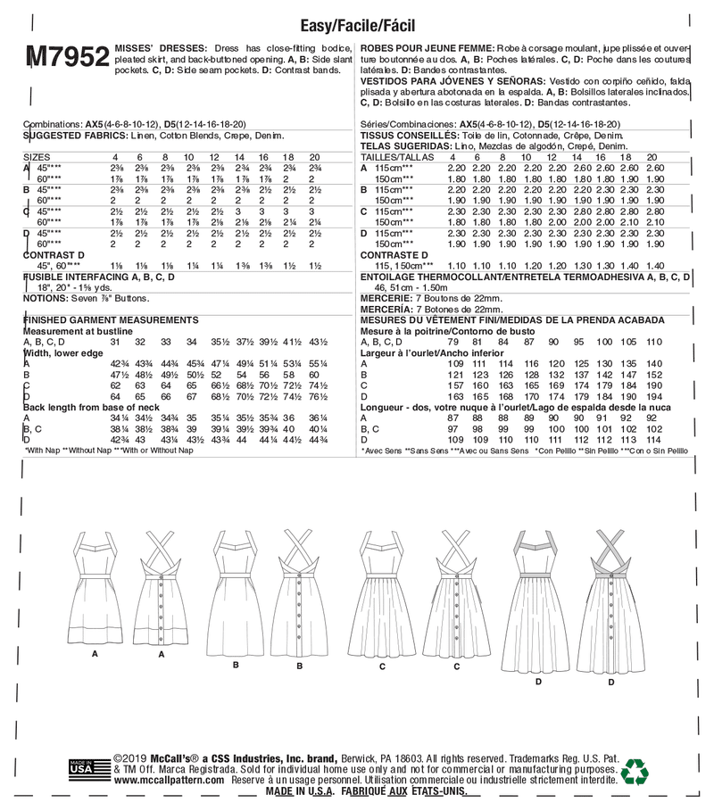 M7952 Misses' Dresses (size: 12-14-16-18-20)