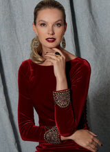 V1520 Misses' Side-Gathered, Long Sleeve Dress with Beaded Cuffs