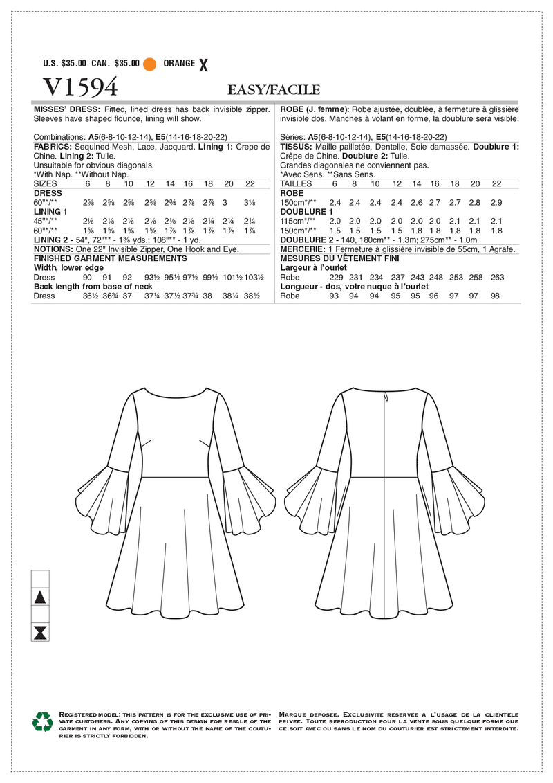 V1594 Robe pour Jeune Femme (grandeur: 6-8-10-12-14)