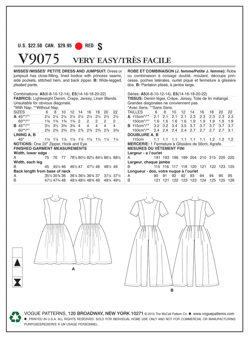 V9075 - Misses'/Misses' Petite Dress and Jumpsuit