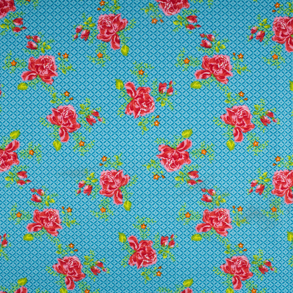 Tricot coton lycra imprimé - IMA-GINE F21 - Roses - Bleu / Rose
