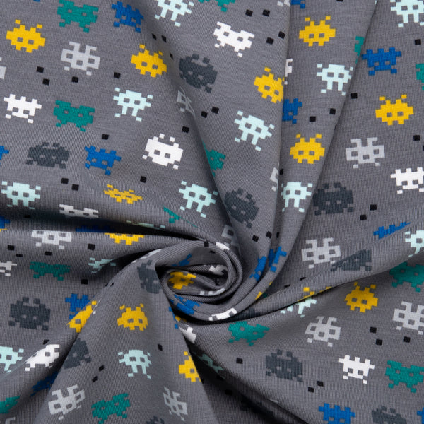 ORGANIC Cotton Lycra Printed Knit - Video game - Grey
