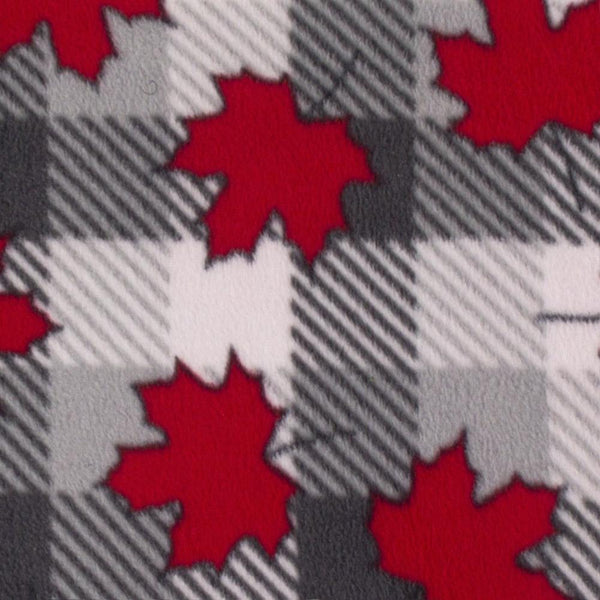 Canadiana Fleece Prints - Buffalo Plaid Maple Leaf - Grey / Red