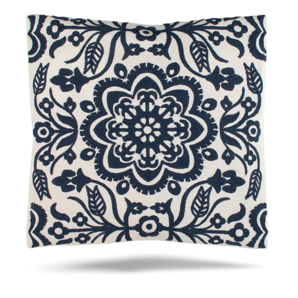 Embroidered Decorative cushion cover - 005 - Navy - 17 x 17''
