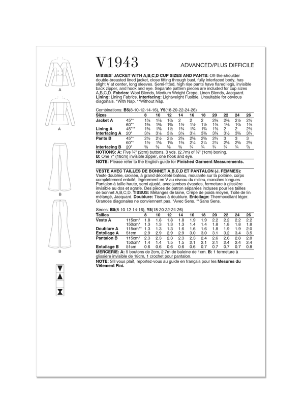 V1943 MISSES' JACKET AND PANTS (18-20-22-24-26)