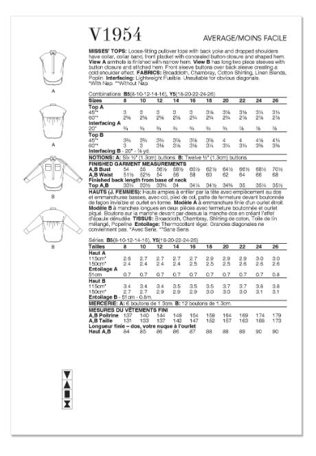 V1954 Misses' Tops  (18-20-22-24-26)