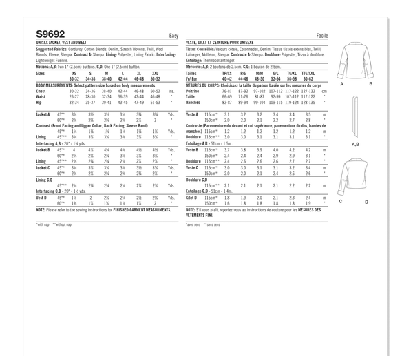 Simplicity S9692 Unisex Jacket, Vest, and Belt  (XS-S-M-L-XL-XXL)