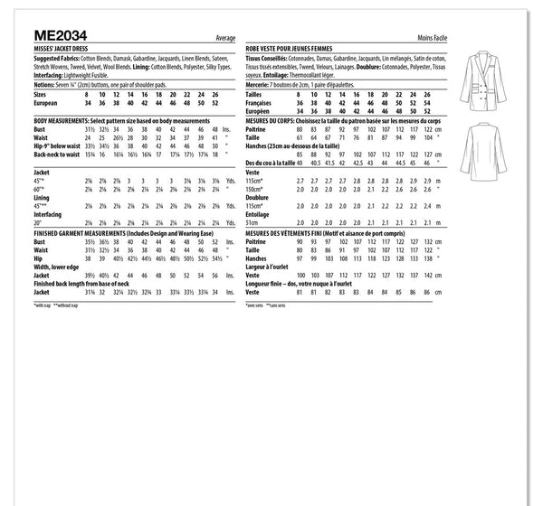 ME2034 Misses' Jacket Dress  (18-20-22-24-26)