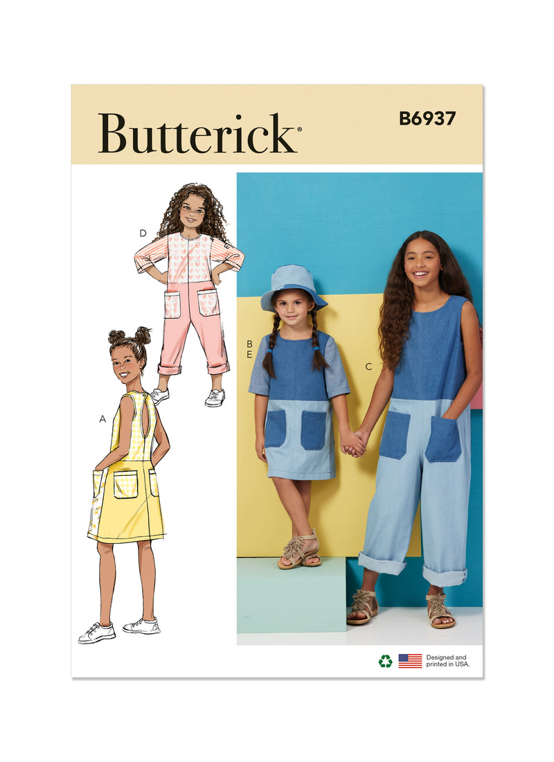 B6937 Children's and Girls' Dress, Romper and Hat (3-4-5-6)