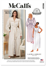 M8381 Misses' Robe, Tie Belt and Nightgown by Laura Ashley (XS-S-M-L)