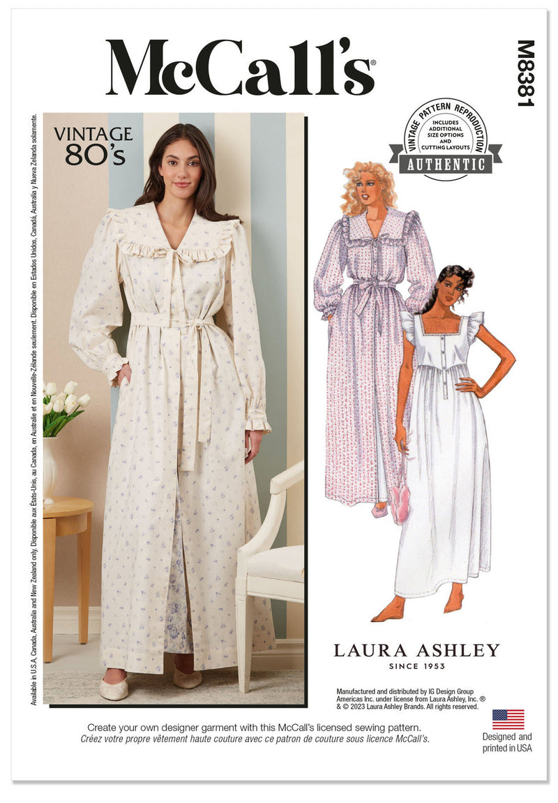 M8381 Misses' Robe, Tie Belt and Nightgown by Laura Ashley (XS-S-M-L)